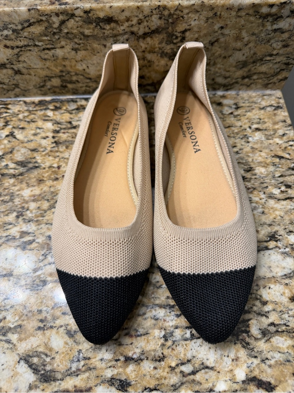 Versona Beige Knit Flats with Black Pointed Toe